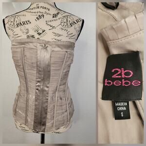 BEBE Corset Top Sz S 100% Silk Full Zip Sleeveless Ruffle Trim Going Out Y2K 90s